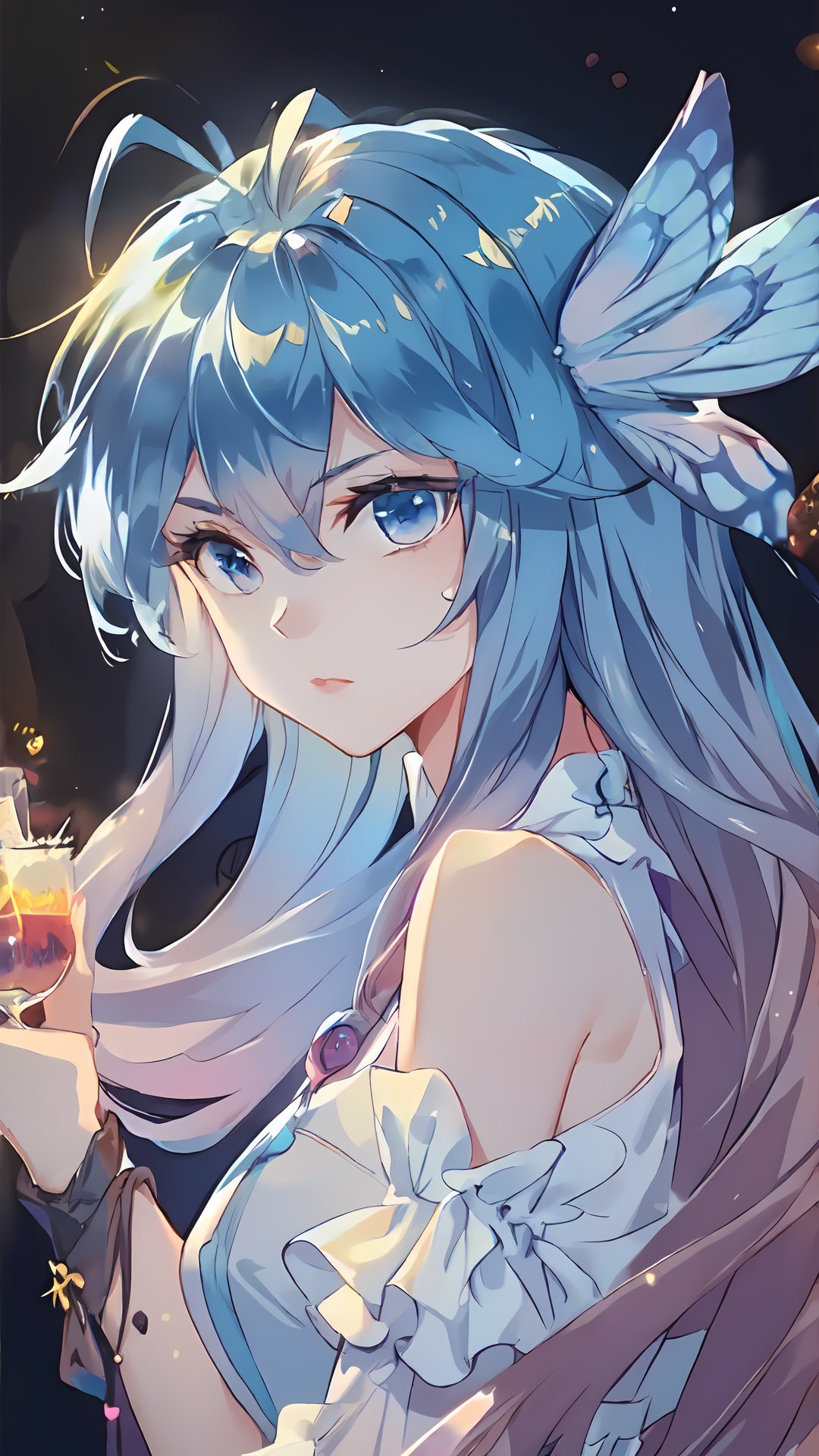 (((masterpiece))),best quality, illustration,(beautiful detailed girl), a girl ,solo,bare shoulders,flat_chst,diamond and glaring eyes,beautiful detailed cold face,very long blue and sliver hair,floaing black feathers,wavy hair,black and white sleeves,gold and sliver fringes,a (blackhole) behind the girl,a silver triple crown inlaid with obsidian,(sit) on the black ((throne)), (depth) of (field)