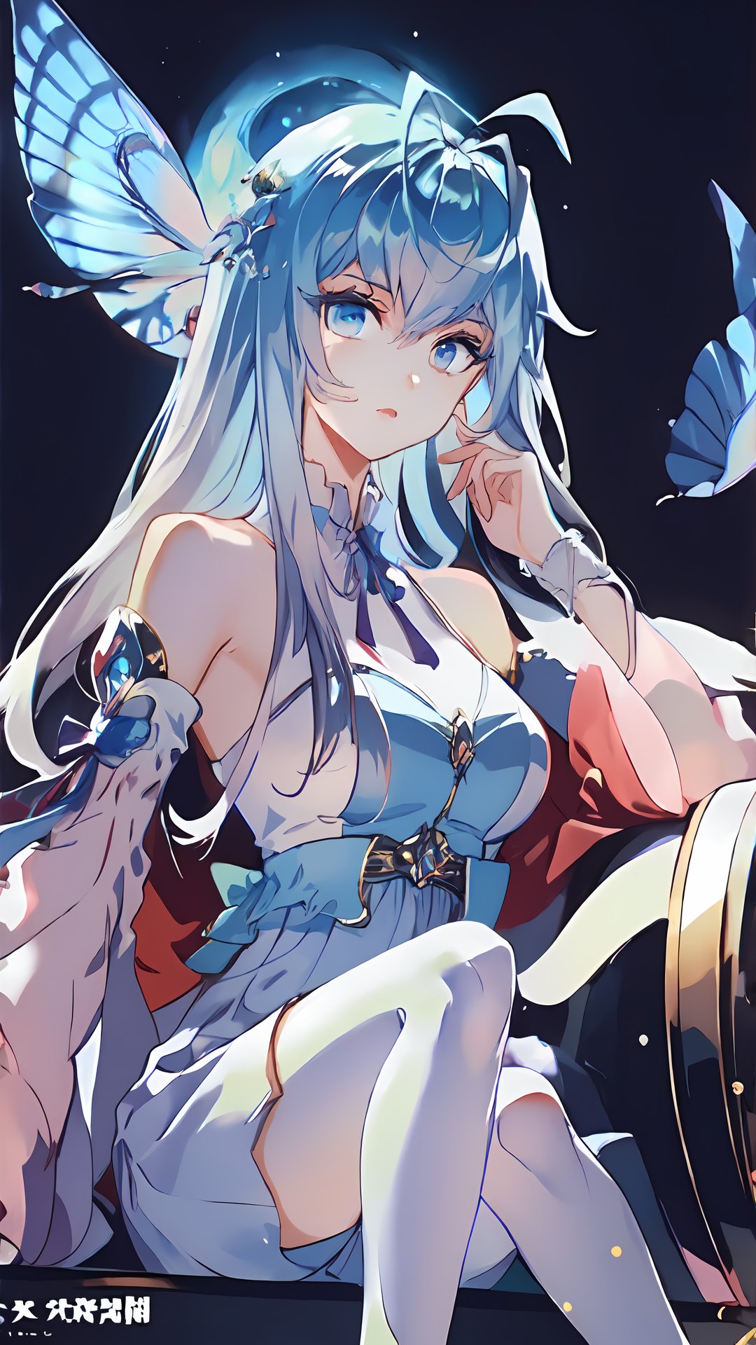 (((masterpiece))),best quality, illustration,(beautiful detailed girl), a girl ,solo,bare shoulders,flat_chst,diamond and glaring eyes,beautiful detailed cold face,very long blue and sliver hair,floaing black feathers,wavy hair,black and white sleeves,gold and sliver fringes,a (blackhole) behind the girl,a silver triple crown inlaid with obsidian,(sit) on the black ((throne)), (depth) of (field)