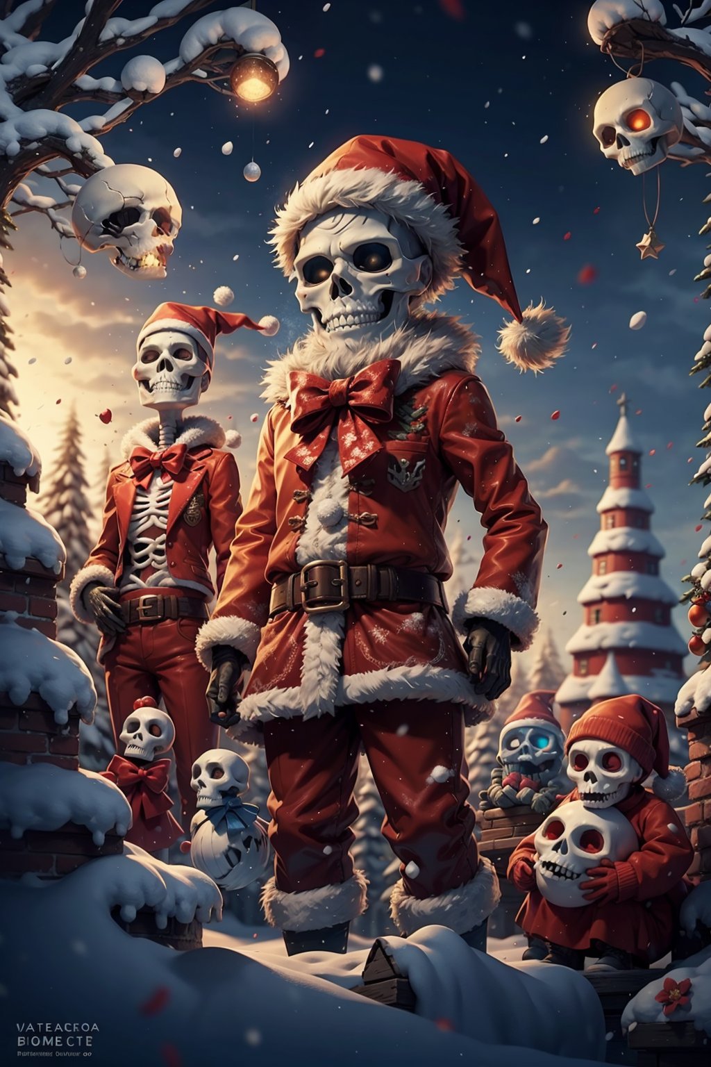 santa costume, skeleton, santa hat, dress, skull, tree, flower, snow, fur trim, glowing, 1girl, bow, sky, 1boy, outdoors, belt,Santa Claus