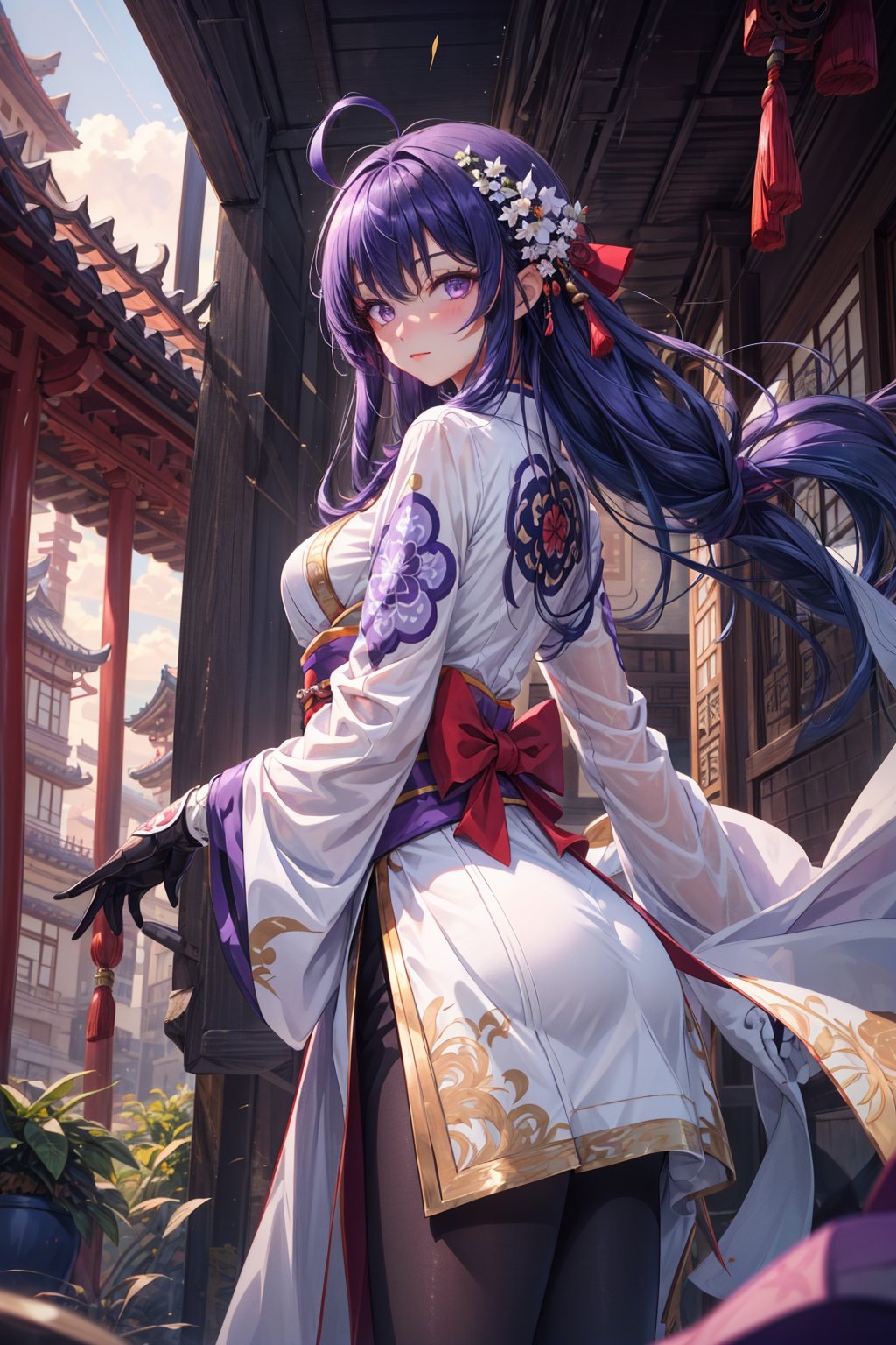 1girl,ahoge,architecture,bangs,purple and white long gloves,black pantyhose,(blue hair),blush,breasts,Chinese knot,purple and white kimono,East Asian architecture,big red bow on the back,gloves,extra long hair, braid, looking at viewer, medium breasts, holding purple thunder sword, night, outdoors, purple eyes, side locks, solo, fringe, white sleeves, intricate, high detail, sharp focus, dramatic, beautiful girl, (RAW Photo, 8k Ultra HD, Film Grain), Caustics, Subsurface Scattering, Reflections,