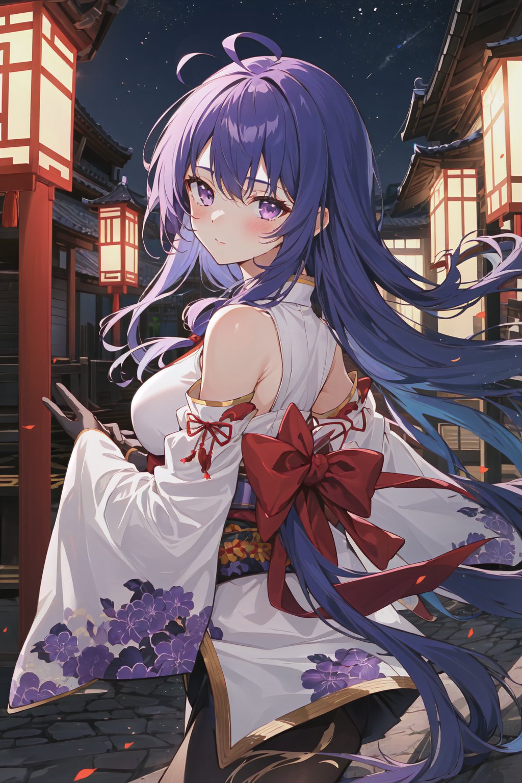 1girl,ahoge,architecture,bangs,purple and white long gloves,black pantyhose,(blue hair),blush,breasts,Chinese knot,purple and white kimono,East Asian architecture,big red bow on the back,gloves,extra long hair, braid, looking at viewer, medium breasts, holding purple thunder sword, night, outdoors, purple eyes, side locks, solo, fringe, white sleeves, intricate, high detail, sharp focus, dramatic, beautiful girl, (RAW Photo, 8k Ultra HD, Film Grain), Caustics, Subsurface Scattering, Reflections,