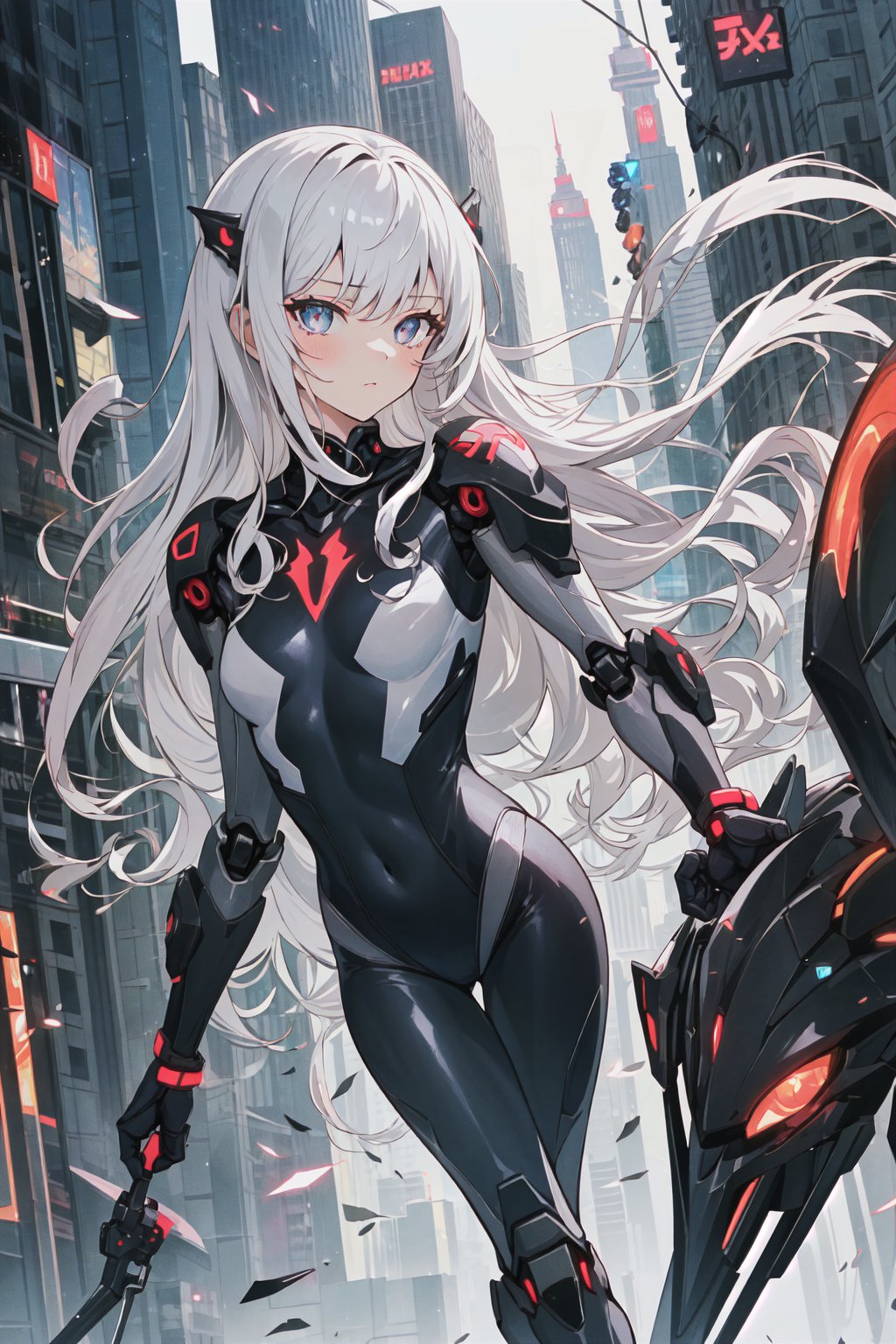 {{master piece}},best quality,illustration,1girl,small breast,beatiful detailed eyes,beatiful detailed cyberpunk city,flat_chest,beatiful detailed hair,wavy hair,beatiful detailed steet,mecha clothes,robot girl,cool movement,sliver bodysuit,{filigree},dargon wings,colorful background,a dragon  stands behind the girl,rainy days,{lightning effect},beatiful detailed sliver dragon arnour,（cold face）