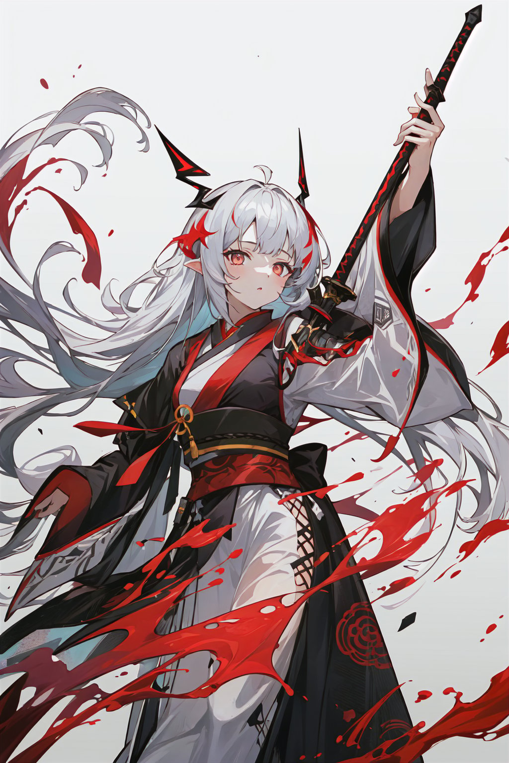 muelsyse (arknights),1girl, solo,hanfu,chinese clothes,splatter background, holding sword, best quality, amazing quality, very aesthetic, absurdres