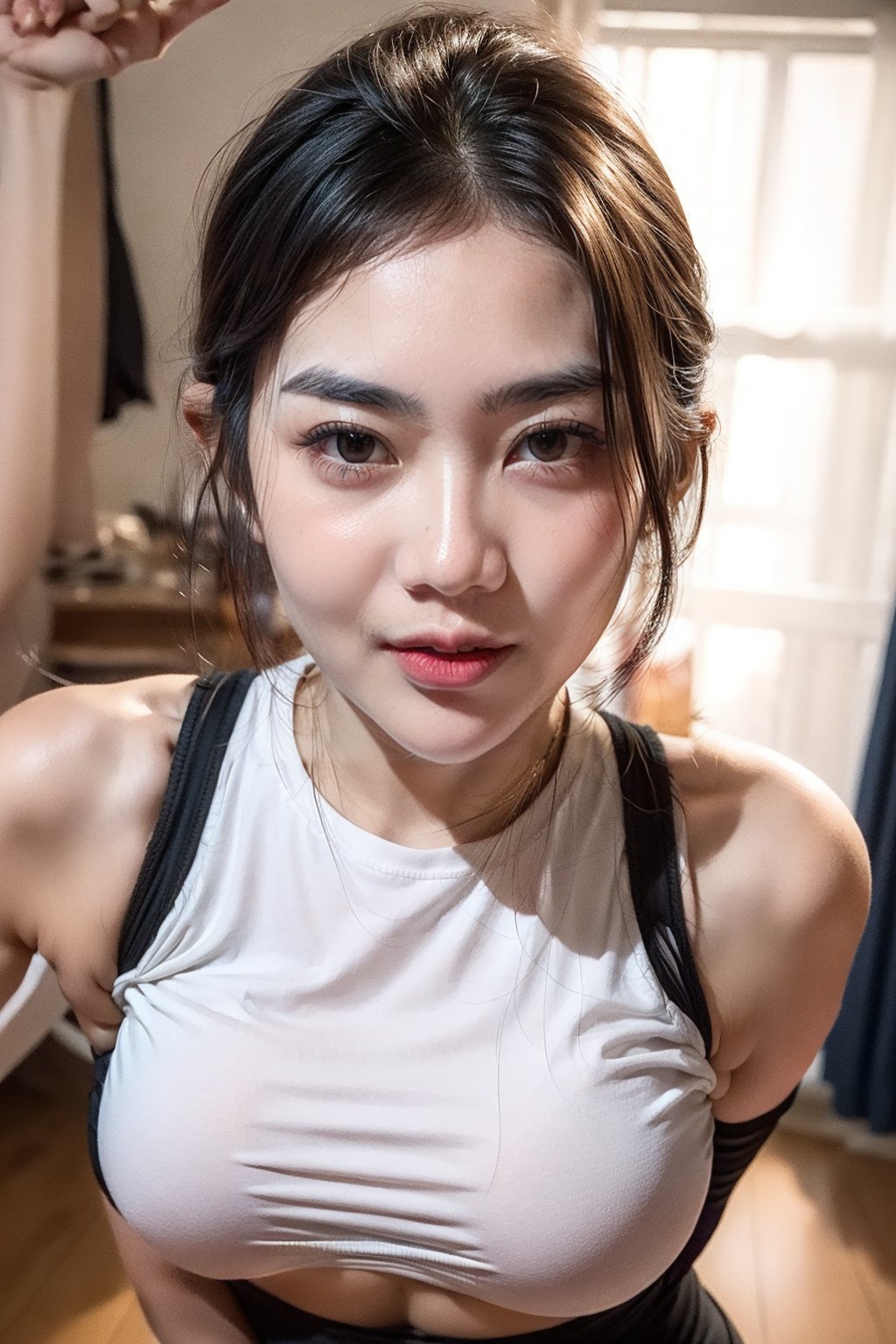 (188cm tall:1.35), 1girl, 2 heads, solo, walking, black hair, looking at viewer, (18 yo clean detailed cool girl face), strong arms, plump, (long thin chinky eyes:1.35), milf, masterpiece, best quality, realistic, wide shoulder, hair thinned, (slant-eyed:1.1), idol_faced, CN GIRL5, [1 mature wifu head], 2160P, plump arms, 1280x720, arms behind back, emeral eyes, big eyes, nose, detailed lips, detailed body, perfect body, perfect skin, standing in gym, blonde hair, long_hair, navel, 8K RAW, thicc, girl, (huge MILF hips:1.4),breasts, medium breasts, ((wearing black crop top | black legging)), eyelashes, eyeshadow, realistic hands, perfect drawing hands,ShintaGisul