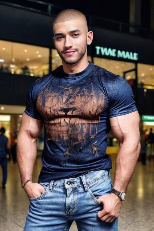 masterpiece, best quality, highres, realistic, handsome, photogenic, syahnk, as (handsome fuckboy, confident smirk, looking at viewer, torn jeans, (huge biceps), (skin tight blue t-shirt), ((induction cut, buzzcut, black hair, stubble head)), (shopping mall background), intricate detail, HDR, octane, 8k) ,<lora:add_detail:1.5>,  <lora:syahawin:1>