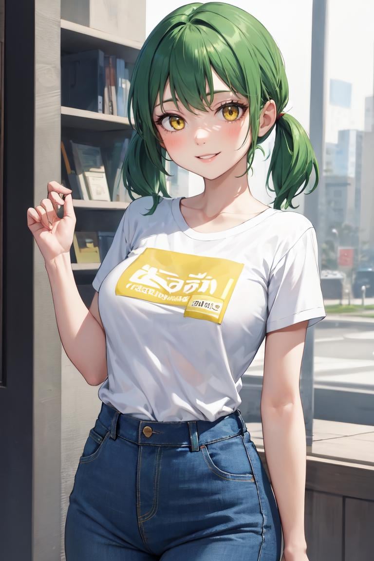 masterpiece, best quality, absurdres, low twintails, medium hair, 1girl, solo, green hair, yellow eyes, medium breasts, t-shirt, jeans, smile, <lora:LowTwintailsHelper:1>