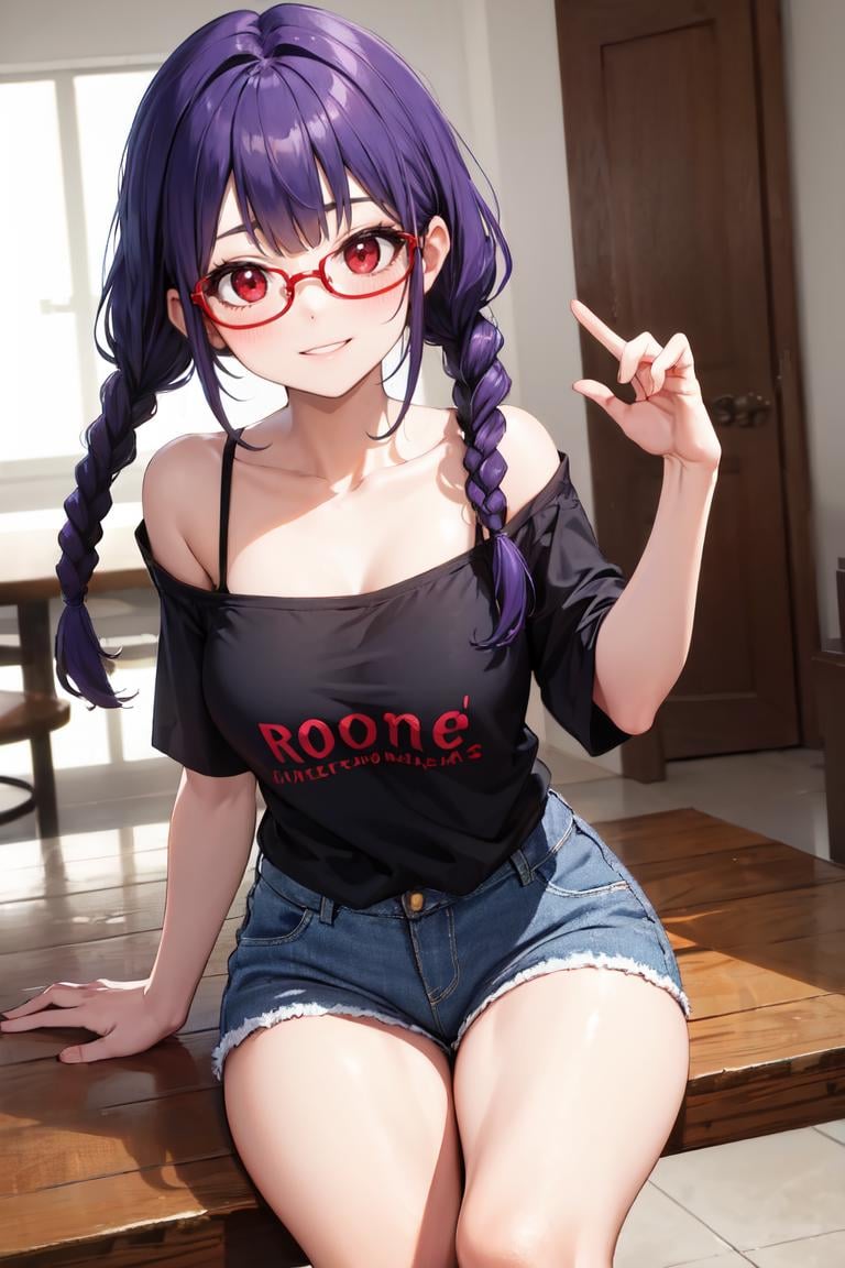 masterpiece, best quality, absurdres, low twintails, long hair, twin braids, 1girl, solo, purple hair, red eyes, glasses, t-shirt, off-shoulder, denim shorts, smile, <lora:LowTwintailsHelper:1>