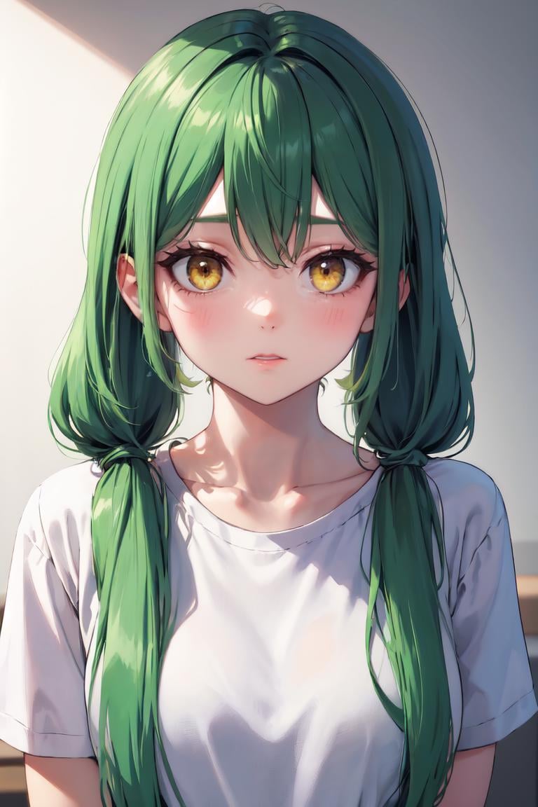 masterpiece, best quality, absurdres, low twintails, long hair, green hair, yellow eyes, t-shirt, portrait, upper body, <lora:LowTwintailsHelper:1>