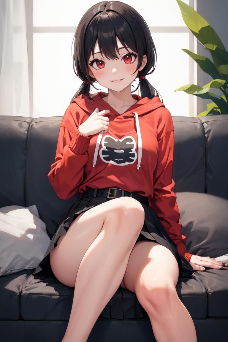 masterpiece, best quality, absurdres, low twintails, long hair, 1girl, solo, black hair, red eyes, sitting, thick thighs, pleated skirt, belt, hoodie, smile, <lora:LowTwintailsHelper:1>