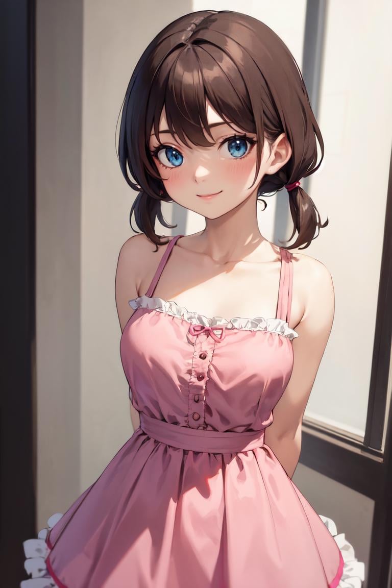 masterpiece, best quality, absurdres, low twintails, short hair, 1girl, solo, brown hair, blue eyes, pink dress, frills, arms behind back, smile, <lora:LowTwintailsHelper:1>