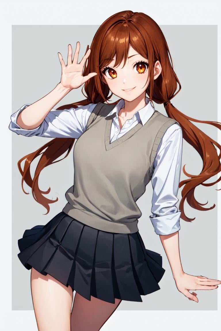 masterpiece, best quality, absurdres, low twintails, <lora:LowTwintailsHelper:1>, <lora:kyoukohori-nvwls-v1:0.8>, hori kyouko, grey sweater vest, collared shirt, black pleated skirt, smile, waving at viewer