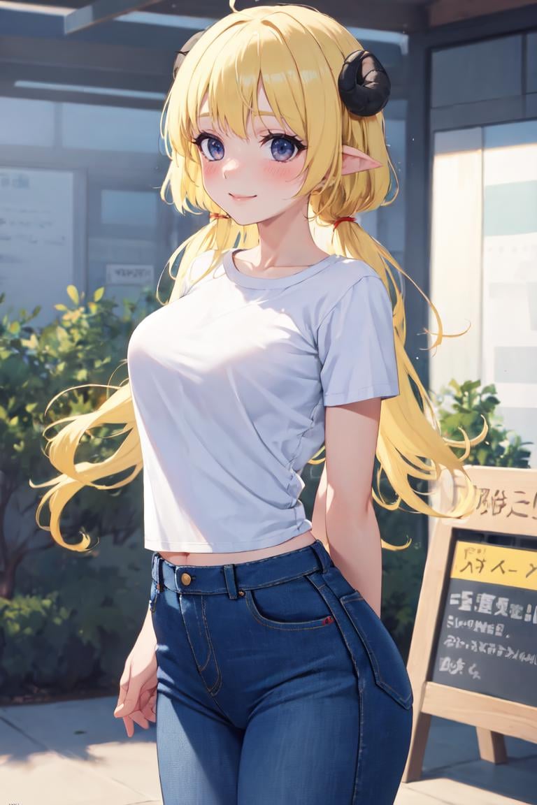 masterpiece, best quality, absurdres, low twintails, <lora:LowTwintailsHelper:1>, <lora:CHAR-Tsunomaki Watamev.4.0:1.0>, Tsunomaki Watame,  long hair, t-shirt, jeans, smile, arms behind back, blush