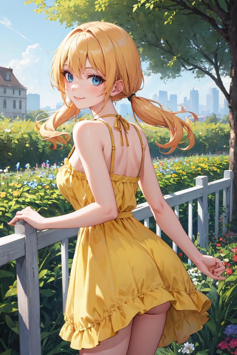 masterpiece, best quality, absurdres, low twintails, long hair, blonde hair, blue eyes, (yellow sundress), from behind, outdoors, garden, smile <lora:LowTwintailsHelper:1>