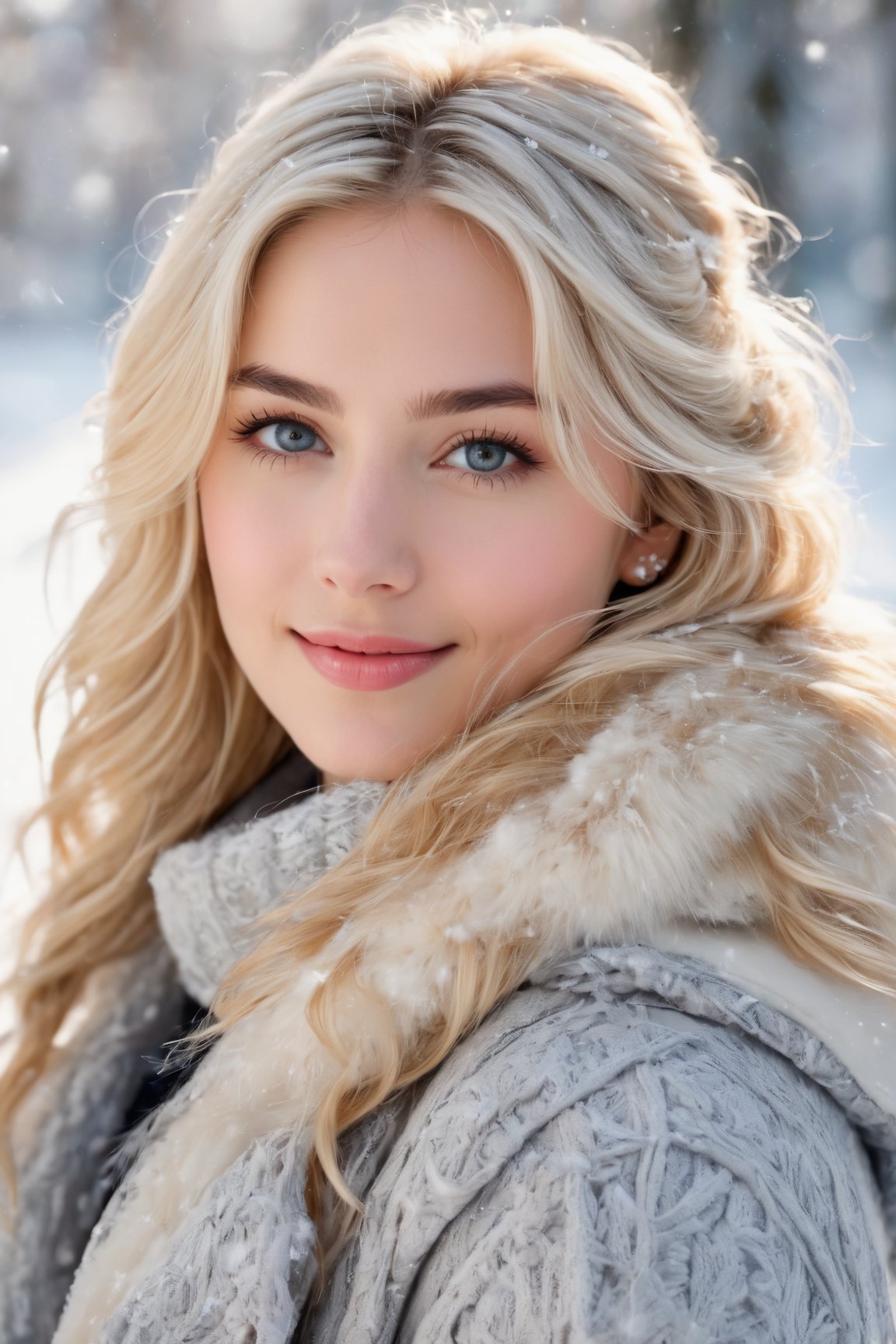 (best quality, 4k, 8k, highres, masterpiece:1.2), ultra-detailed, (realistic, photorealistic, photo-realistic:1.37), portrait, beautiful and smiling caucasian woman, cinematic, winter clothes, Ondas e Nuances, detailed symmetric hazel eyes, circular iris, vivid colors, winter scenery, soft snowflakes falling, icy breath, rosy cheeks, pure white background, subtle warm lighting, innocence and radiance, sparkling eyes, joyful expression, luxurious fur trim on the clothing, frosty winter air, subtle wind blowing through her hair, subtle hint of pink in her lips, elegant posture, confident stance, delicate snowflakes decorating her hair, long flowing blonde hair, wonder and serenity in her gaze, captivating beauty, snow-covered trees in the background, peaceful and enchanting winter scene