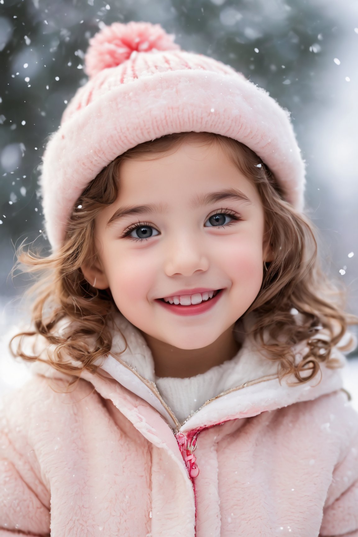 best quality, cute little girl, christmas outfit, cute smiley, blushing face, detailed eyes, detailed lips, curly hair, rosy cheeks, sparkling eyes, joyful expression, snowy background, winter scenery, soft lighting, vibrant colors, festive atmosphere