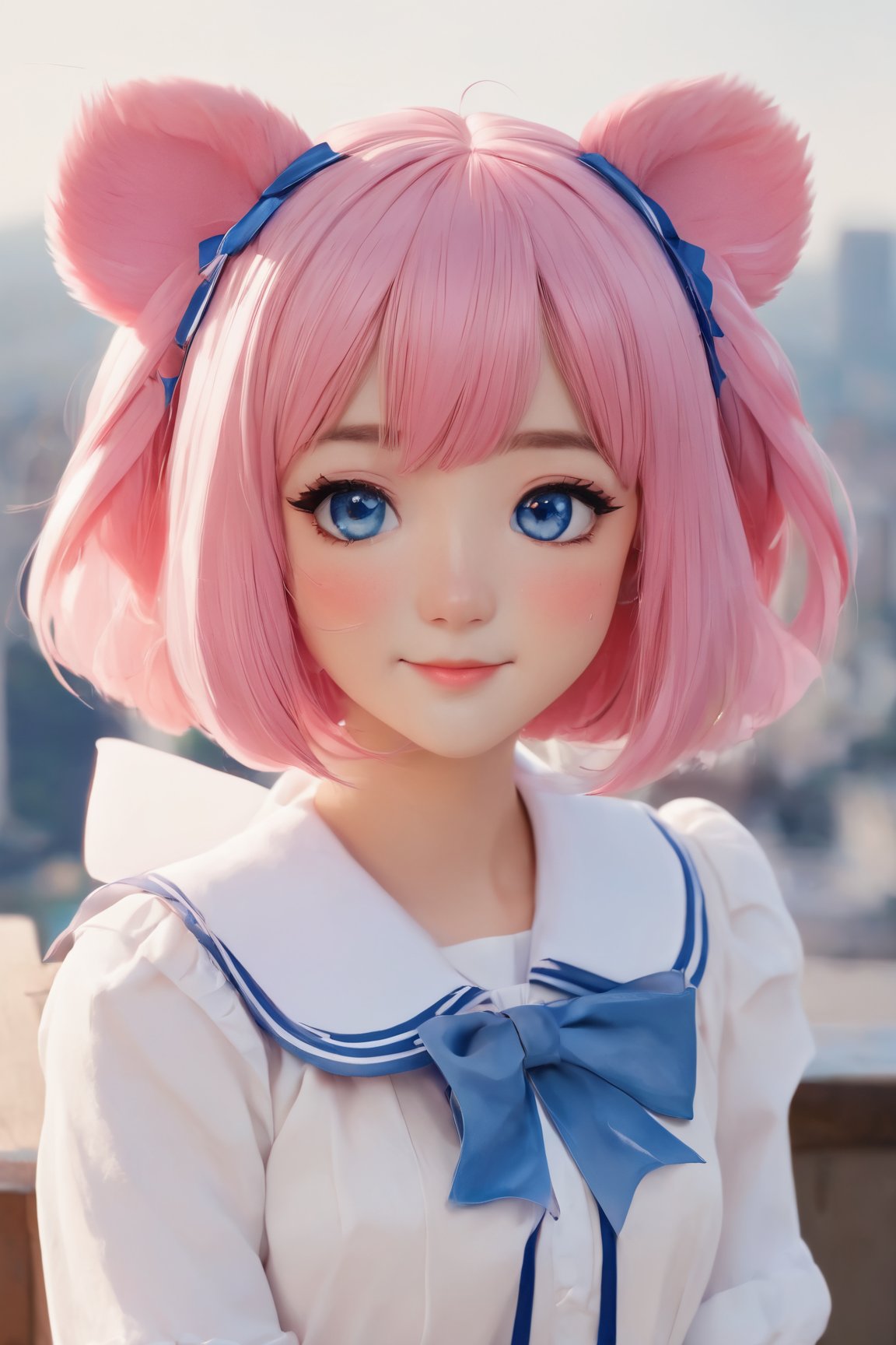 skistyle,  1girl,  solo,  cute smile,  pink hair,  animal ears,  blue eyes,  wings,  looking at viewer,  bangs,  short hair,  bow,  sailor collar,  white sailor collar,  hair bow,  pink bow,  closed mouth,  shirt,  white shirt,  bear ears,  bob cut,  mini wings,  portrait,  detached wings,  makeup,  upper body,  city in background,<lora:EMS-214268-EMS:0.800000>