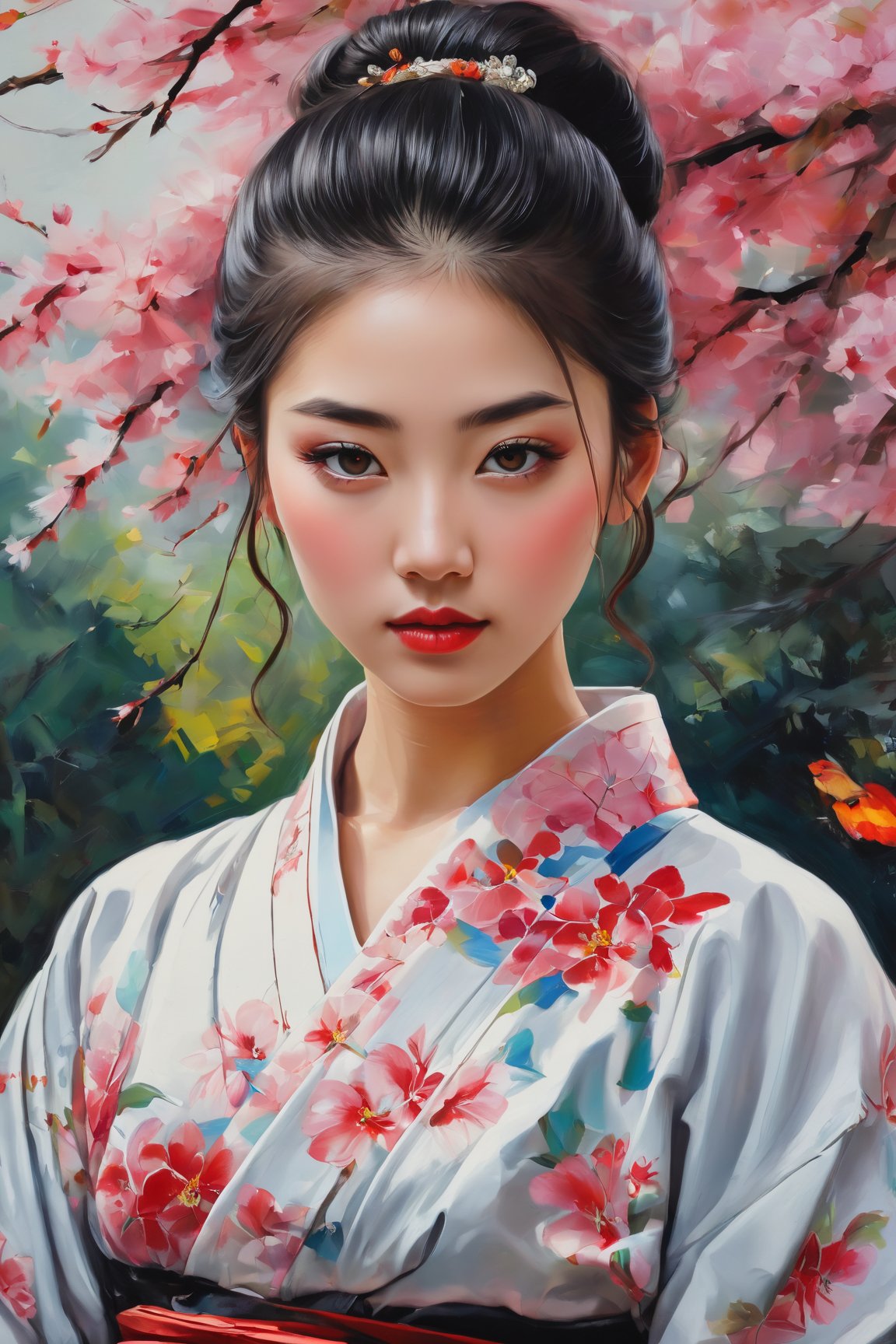 girl, beautiful detailed eyes, beautiful detailed lips, extremely detailed eyebrows and face, long eyelashes, stripe bead necklace, black hair styled in a spiked ponytail, wearing a simple kimono with red open clothes. The artwork is created using oil paint on canvas, with high resolution and ultra-detailed brushstrokes. The painting showcases a picturesque garden scene with vibrant colors and vivid flowers in full bloom. The girl is depicted standing gracefully amidst the floral landscape, her posture conveying a sense of tranquility and elegance. The lighting in the painting is soft and ethereal, casting gentle shadows on the girl's face and adding depth to the overall composition. The color palette is dominated by various shades of red, creating a warm and inviting atmosphere. The art style blends elements of traditional Japanese art with a touch of contemporary flair, resulting in a captivating fusion of East-meets-West aesthetics