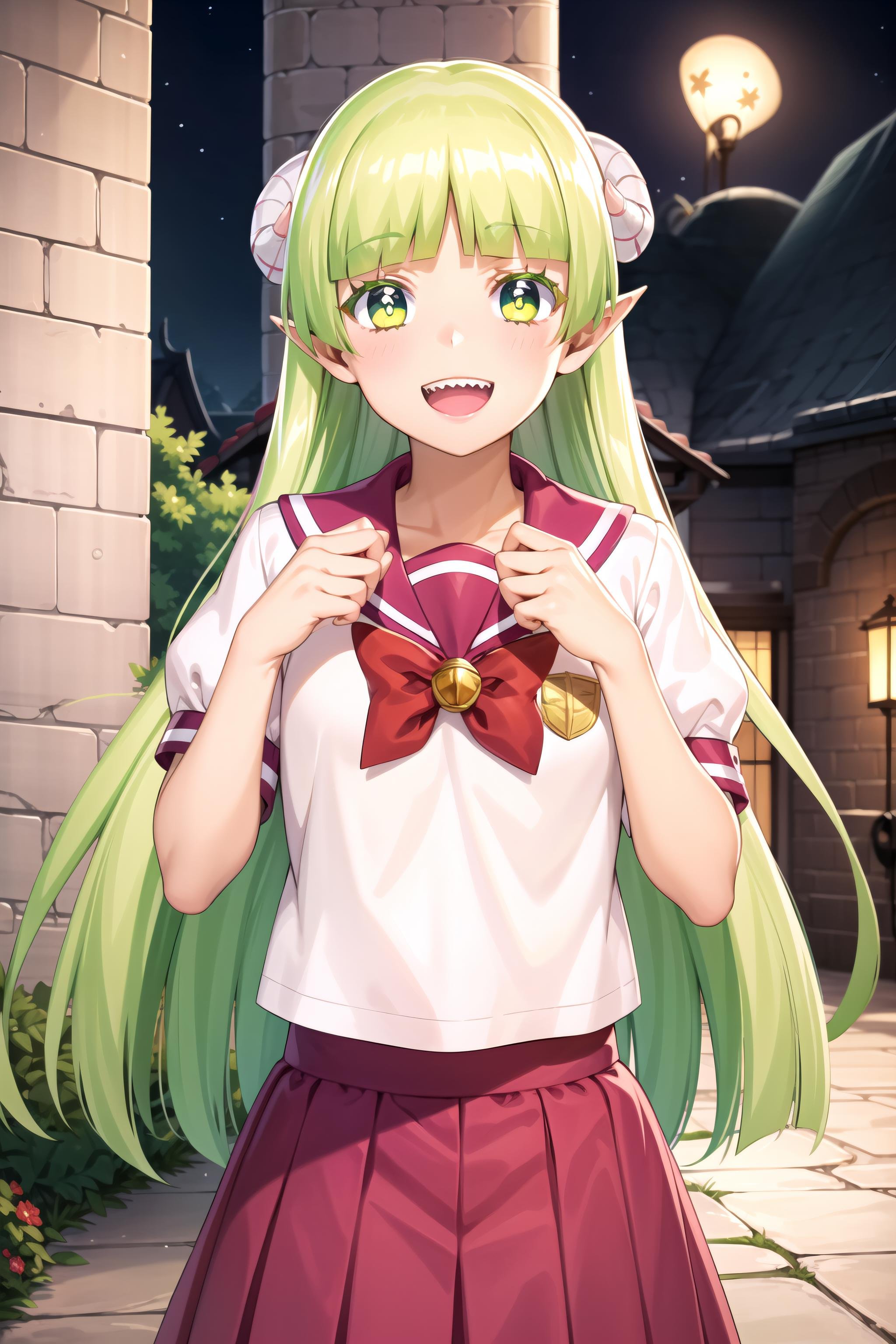 best quality, masterpiece, detailed,<lora:MairimashitaIrumaKun_ValacClara:0.8>, valac clara,smile, open mouth, sharp teeth,green hair, long hair, green eyes, horns, pointy ears,school uniform, serafuku, pink skirt,standing, medieval, looking at the viewer, upper body,outdoors, night