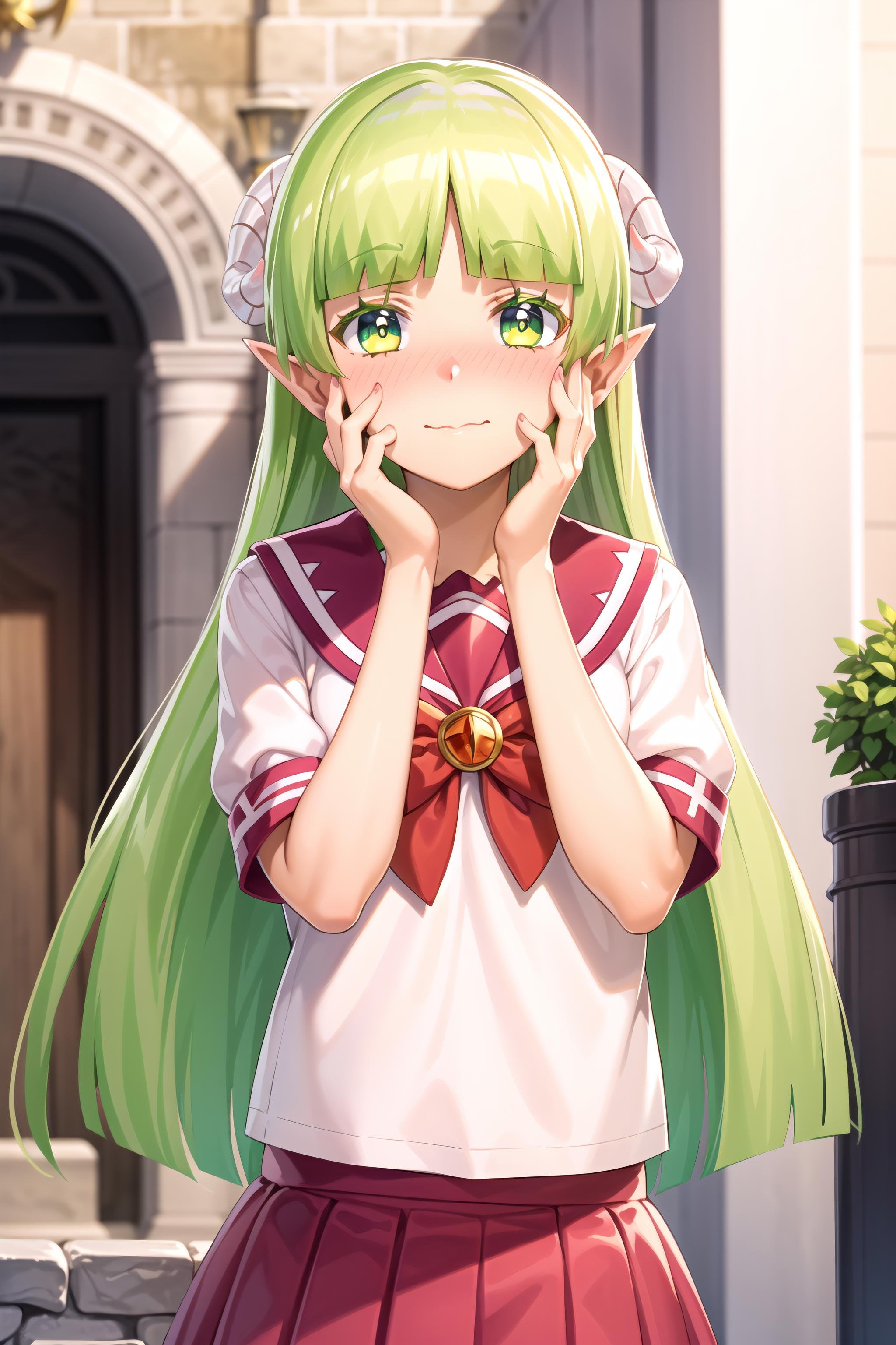 best quality, masterpiece, detailed,<lora:MairimashitaIrumaKun_ValacClara:0.8>, valac clara,closed mouth, nose blush,green hair, long hair, green eyes, horns, pointy ears,school uniform, serafuku, pink skirt,standing, looking at the viewer, upper body, hands on own face,outdoors