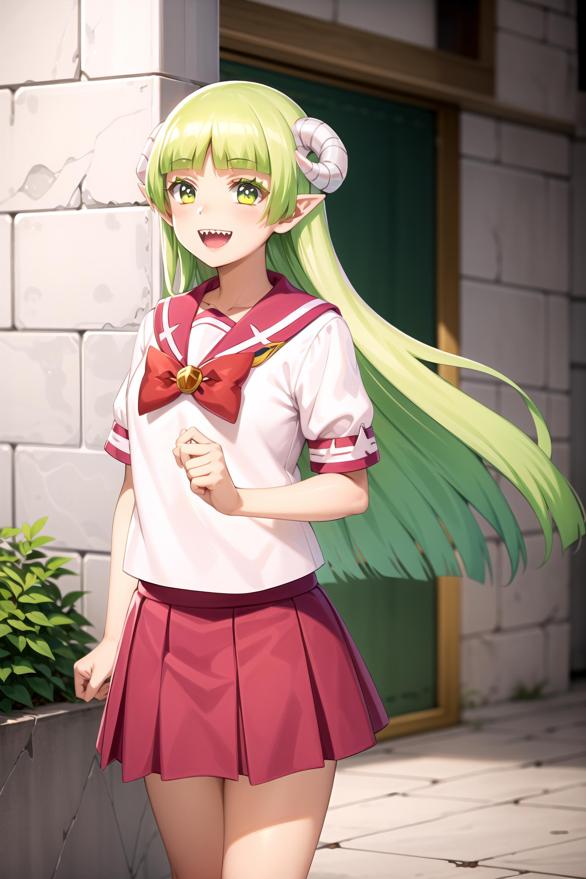 best quality, masterpiece, detailed,<lora:MairimashitaIrumaKun_ValacClara:0.8>, valac clara,smile, open mouth, sharp teeth,green hair, long hair, green eyes, horns, pointy ears,school uniform, serafuku, pink skirt,standing, medieval, looking at the viewer,outdoors