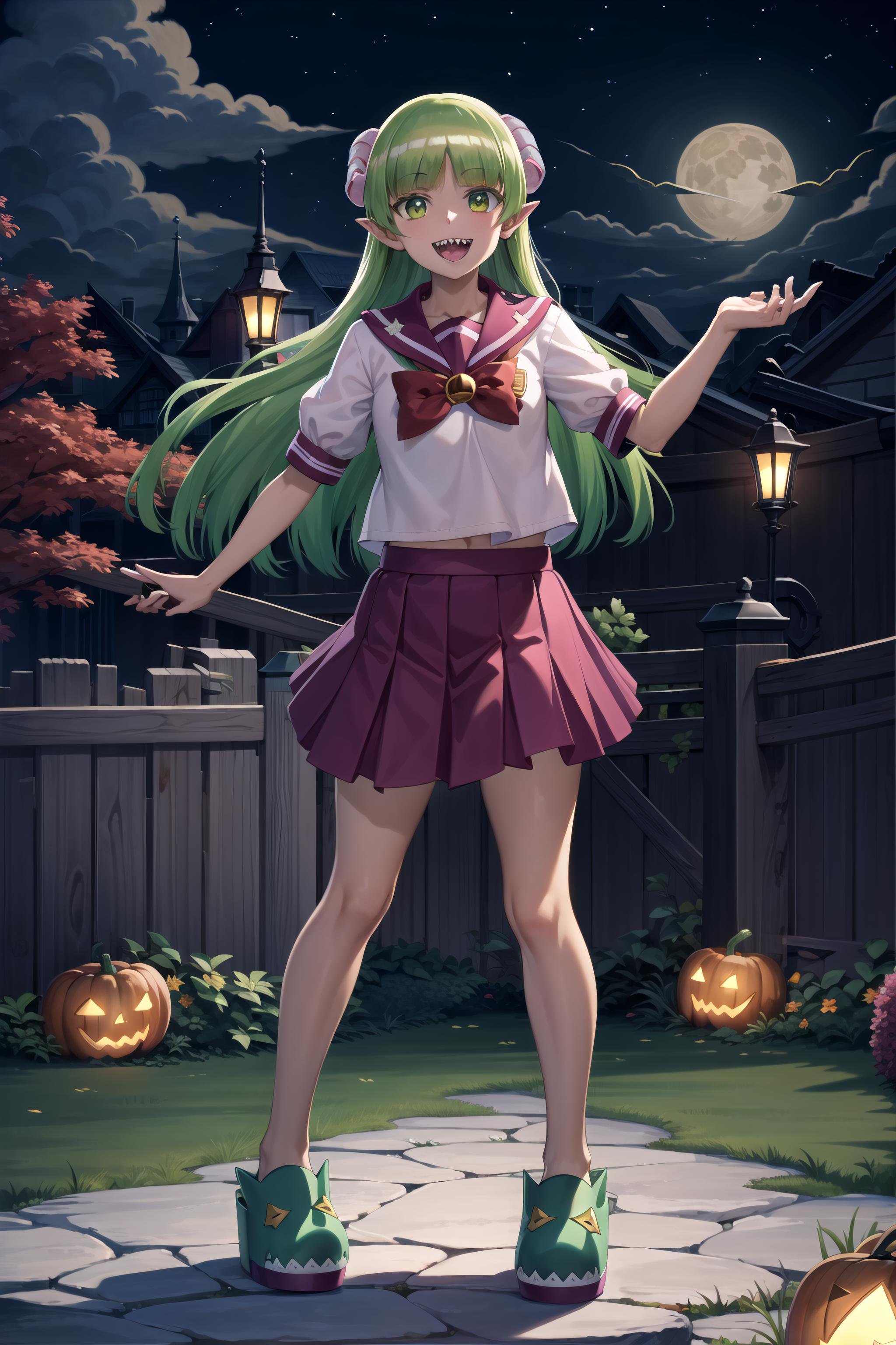 best quality, masterpiece, detailed,<lora:MairimashitaIrumaKun_ValacClara:0.8>, valac clara,smile, open mouth, sharp teeth,green hair, long hair, green eyes, horns, pointy ears,school uniform, serafuku, pink skirt, green footwear, slippers, standing, looking at the viewer,halloween, red tree, lamp, moon, night, outdoors, <lora:night-r:0.3> 