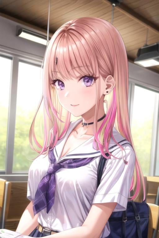 (best quality:1.1), (masterpiece:1.4), illustration, 1girl, solo, looking at viewer, upper body, , , , <lora:nikoru_yamana:0.88>, nikoru_yamana, pink hair, purple eyes, long hair, bangs, white shirt, , school uniform, intimates, , ,