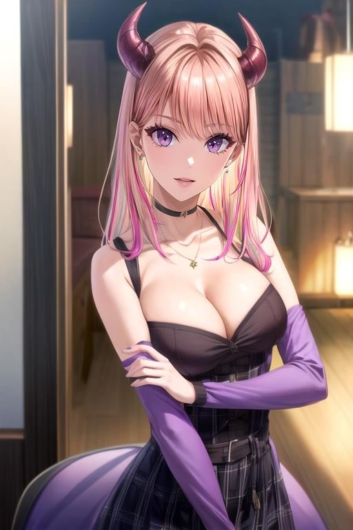 (best quality:1.1), (masterpiece:1.4), game cg, 1girl, solo, looking at viewer, , , , realistic, <lora:nikoru_yamana:0.92>, nikoru_yamana, pink hair, purple eyes, , , , , , devil costume, , High definition