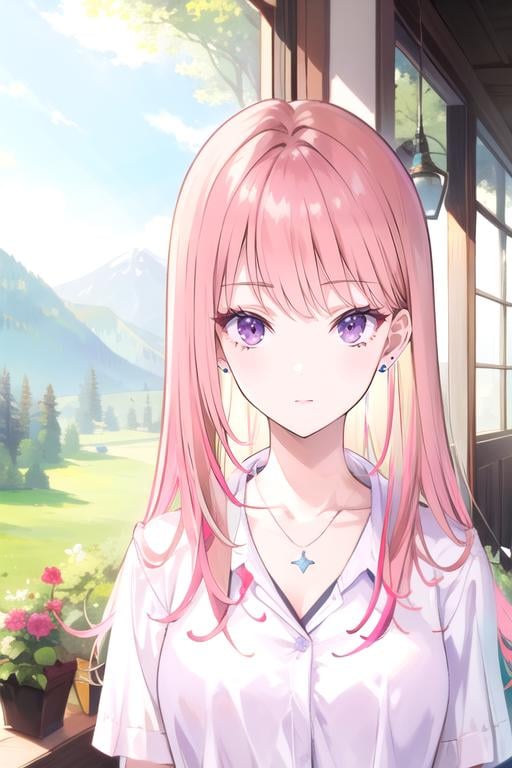 (best quality:1.1), (masterpiece:1.4), game cg, 1girl, solo, looking at viewer, upper body, depth of field, , realistic, <lora:nikoru_yamana:0.8>, nikoru_yamana, pink hair, purple eyes, long hair, bangs, white shirt, , , , The Valley of the Lost,