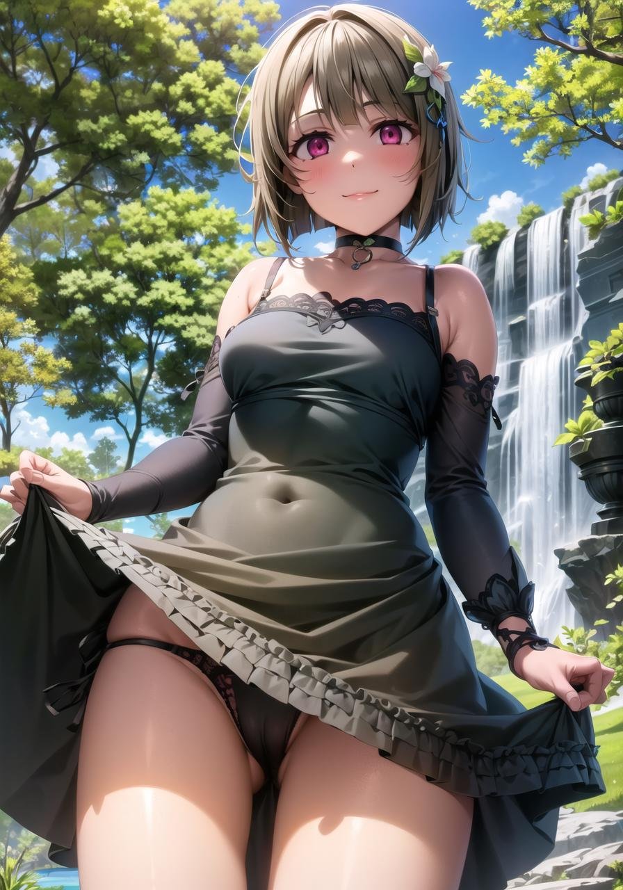 (masterpiece, best quality, ultra-detailed), (illustration), (beautiful detailed eyes), 1girl, solo, nakasu kasumi, short hair, brown hair, bangs, asymmetrical hair, bob cut, pink eyes, hair ornament,  <lora:Kasumi_1.1:0.75>, (medium breasts:1.3)dress, (choker:1.1), black thighhighs, (pantyshot:1.2), pantieslight smile, cowboy shot, tareme, cameltoeoutdoors, day, lake, trees, leaves, waterfall, blue sky, (greenery), depth of field,  <lora:1651489307798708599 (1):0.6> <lora:add_detail:0.4> <lora:GoodHands-beta2:1> <lora:tareme:0.4> 