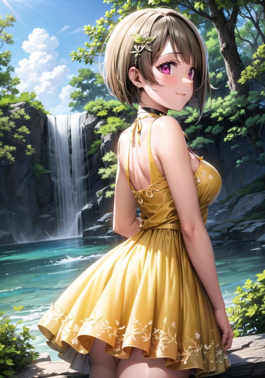 (masterpiece, best quality, ultra-detailed), (illustration), (beautiful detailed eyes), 1girl, solo, nakasu kasumi, short hair, brown hair, bangs, asymmetrical hair, bob cut, pink eyes, hair ornament,  <lora:Kasumi_1.1:0.75>, (medium breasts:1.3)yellow dress, (choker:1.1), black thighhighs, light smile, cowboy shot, tareme, from behindoutdoors, day, lake, trees, leaves, waterfall, blue sky, (greenery), depth of field,  <lora:1651489307798708599 (1):0.6> <lora:add_detail:0.4> <lora:GoodHands-beta2:1> <lora:tareme:0.4> 