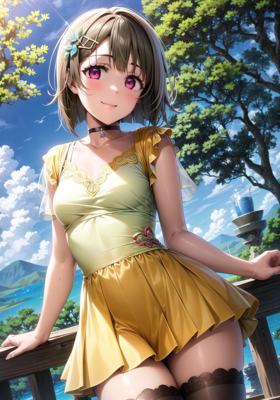 (masterpiece, best quality, ultra-detailed), (illustration), (beautiful detailed eyes), 1girl, solo, nakasu kasumi, short hair, brown hair, bangs, asymmetrical hair, bob cut, pink eyes, hair ornament,  <lora:Kasumi_1.1:0.75>, (medium breasts:1.3)yellow dress, (choker:1.1), black thighhighs, light smile, cowboy shot, tareme, cameltoeoutdoors, day, lake, trees, leaves, waterfall, blue sky, (greenery), depth of field,  <lora:1651489307798708599 (1):0.6> <lora:add_detail:0.4> <lora:GoodHands-beta2:1> <lora:tareme:0.4> 