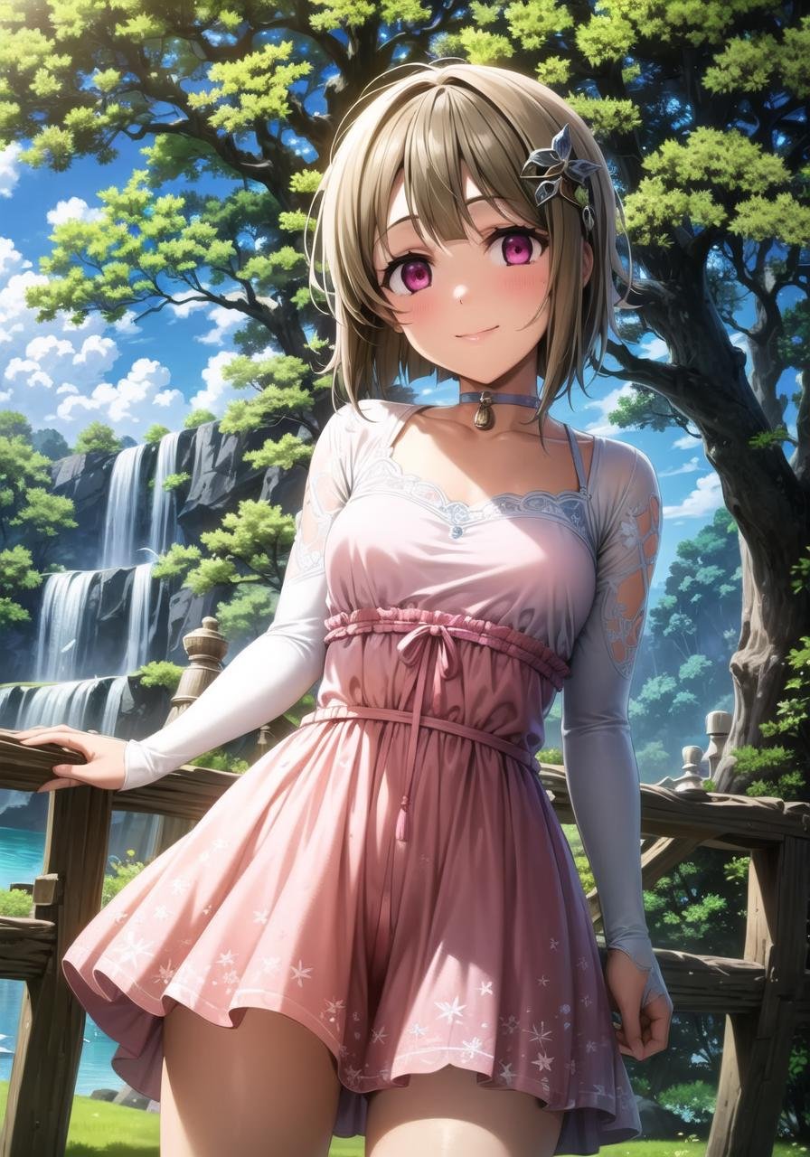 (masterpiece, best quality, ultra-detailed), (illustration), (beautiful detailed eyes), 1girl, solo, nakasu kasumi, short hair, brown hair, bangs, asymmetrical hair, bob cut, pink eyes, hair ornament,  <lora:Kasumi_1.1:0.75>, medium breastsdress, (choker:1.1), light smile, cowboy shot, tareme, cameltoeoutdoors, day, lake, trees, leaves, waterfall, blue sky, (greenery), depth of field,  <lora:1651489307798708599 (1):0.6> <lora:add_detail:0.4> <lora:GoodHands-beta2:1> <lora:tareme:0.4> 