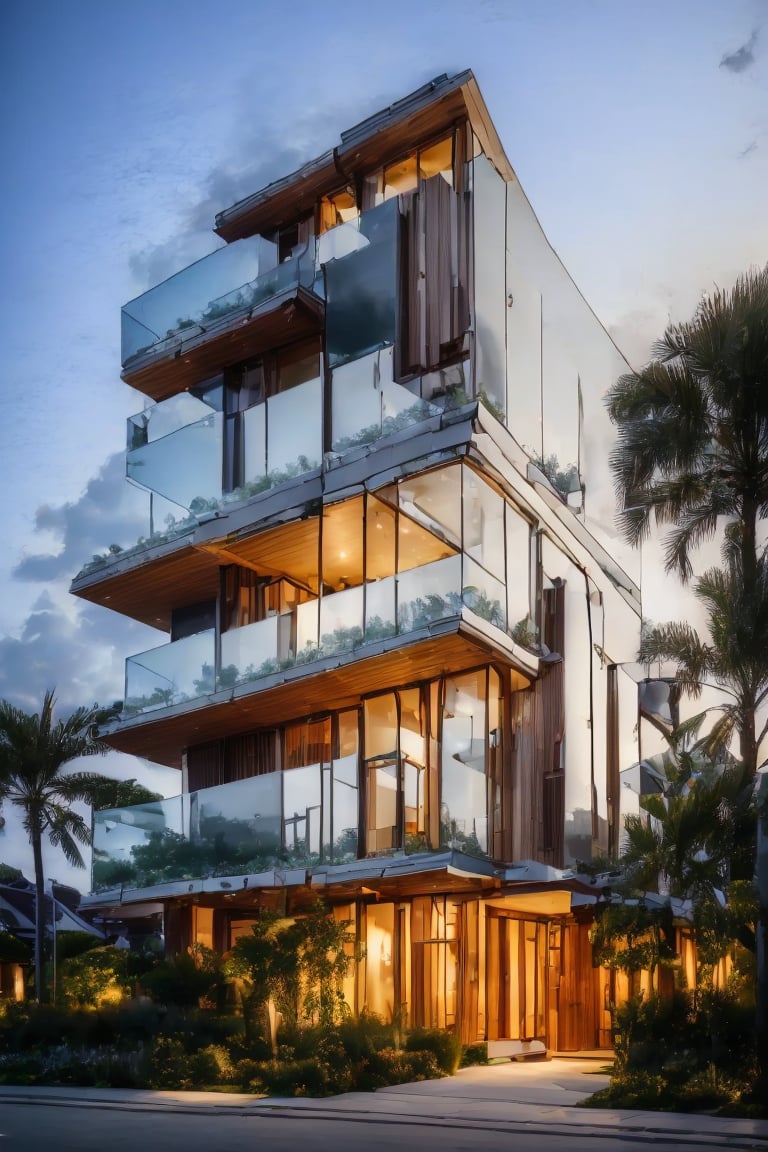 (best quality, masterpiece, high_resolution:1.5), a house town villa in Hanoi, Vietnam with wonderful and luxury exterior designing by Zaha Hadid, random facade colors. Glass and trees make the facede of this 3 layers house look awesome .