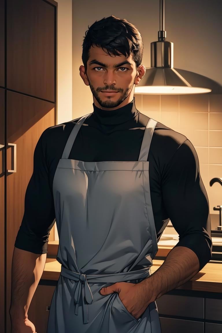 Photo of man,  smirk,  apron,  short hair,  pants,  male,  person,  turtle neck,  smirk,  at the kitchen,  looking to viewer,  cinematic  lighting,  detailed face,  detailed eyes,  masterpiece,  high_res,  perfect face,  ,  High detailed,  mattrh,<lora:EMS-89264-EMS:1.000000>