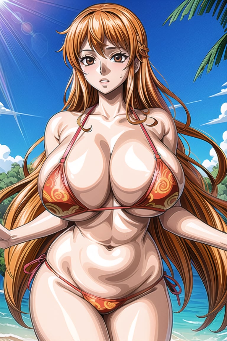 masterpiece, (ultra detailed background, delicate pattern, intricate detail), best quality, beautiful lighting, absurdres, film grain, complex detailed background, outside, nature environment, 1girl, long hair,brown eyes, huge_breasts,curvy ,sexy pose ,nami,orange hair,bikini,thong_bikini,walking