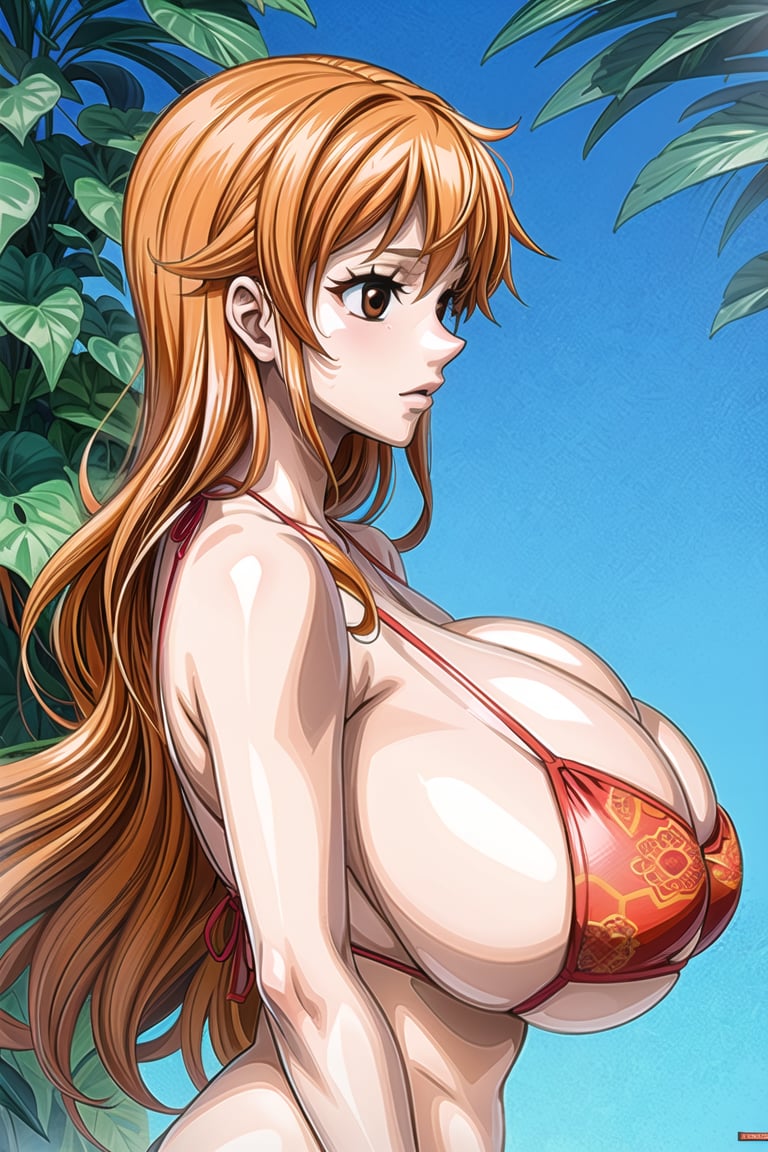 masterpiece, (ultra detailed background, delicate pattern, intricate detail), best quality, beautiful lighting, absurdres, film grain, complex detailed background, outside, nature environment, 1girl, long hair,brown eyes, huge_breasts,curvy ,sexy pose ,nami,orange hair,bikini,thong_bikini,from side