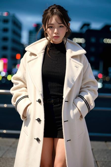 (wearing oversized_coat:1.3),woman posing for a photo, white coat, sweather under the coat, half body shot,good hand,4k, high-res, masterpiece, best quality, head:1.3,((Hasselblad photography)), finely detailed skin, sharp focus, (cinematic lighting), night, soft lighting, dynamic angle, [:(detailed face:1.2):0.2],(((city background))),  <lora:oversized_coat-10:0.5>
