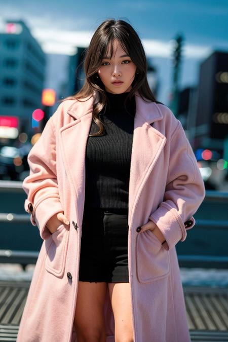 (wearing oversized_coat:1.3),woman posing for a photo, pink coat, sweather under the coat, half body shot,good hand,4k, high-res, masterpiece, best quality, head:1.3,((Hasselblad photography)), finely detailed skin, sharp focus, (cinematic lighting), night, soft lighting, dynamic angle, [:(detailed face:1.2):0.2],(((city background))),  <lora:oversized_coat-10:0.5>