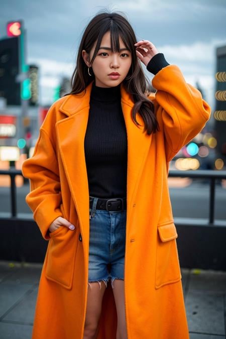 (wearing oversized_coat:1.3),woman posing for a photo, orange coat, sweather under the coat, half body shot,good hand,4k, high-res, masterpiece, best quality, head:1.3,((Hasselblad photography)), finely detailed skin, sharp focus, (cinematic lighting), night, soft lighting, dynamic angle, [:(detailed face:1.2):0.2],(((city background))),  <lora:oversized_coat-10:0.5>