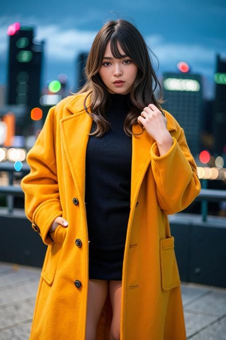 (wearing oversized_coat:1.3),woman posing for a photo, multicolor coat, sweather under the coat, half body shot,good hand,4k, high-res, masterpiece, best quality, head:1.3,((Hasselblad photography)), finely detailed skin, sharp focus, (cinematic lighting), night, soft lighting, dynamic angle, [:(detailed face:1.2):0.2],(((city background))),  <lora:oversized_coat-10:0.5>