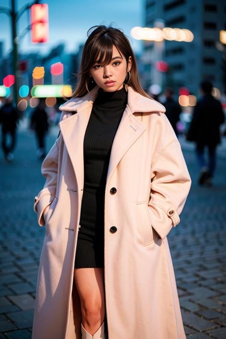 (wearing oversized_coat:1.3),woman posing for a photo, pink coat, sweather under the coat, half body shot,good hand,4k, high-res, masterpiece, best quality, head:1.3,((Hasselblad photography)), finely detailed skin, sharp focus, (cinematic lighting), night, soft lighting, dynamic angle, [:(detailed face:1.2):0.2],(((city background))),  <lora:oversized_coat-10:0.5>
