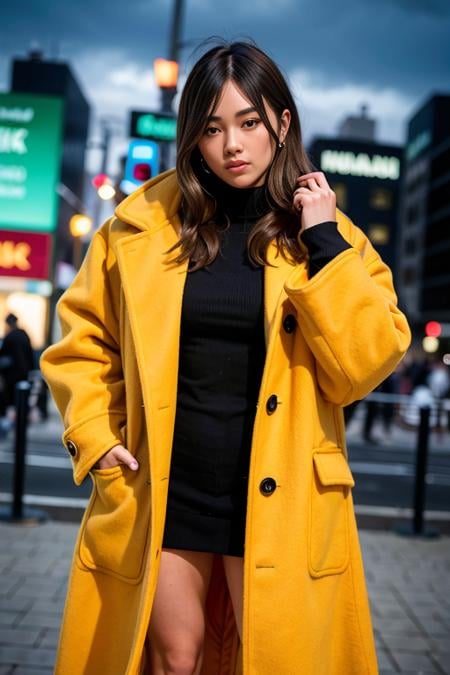 (wearing oversized_coat:1.3),woman posing for a photo, colorful coat, sweather under the coat, half body shot,good hand,4k, high-res, masterpiece, best quality, head:1.3,((Hasselblad photography)), finely detailed skin, sharp focus, (cinematic lighting), night, soft lighting, dynamic angle, [:(detailed face:1.2):0.2],(((city background))),  <lora:oversized_coat-10:0.5>
