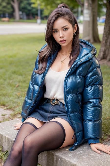 a woman, (wearing blue oversized_puffer_jacket:1.3), Lie down on the grass, Overhead camera, sharp focus, handsome,plump legs, skinny,professional lighting,city, eyelines,gold necklace,rendered eyes,tall body,adult woman,hair ornament,instagram most viewed,official wallpaper, official art,(kpop idol), mini skirt, half-closed eyes,building,((photorealistic painting art by midjourney and greg rutkowski)),((supermodel)), <lora:oversized_puffer_jacket-10:0.5>