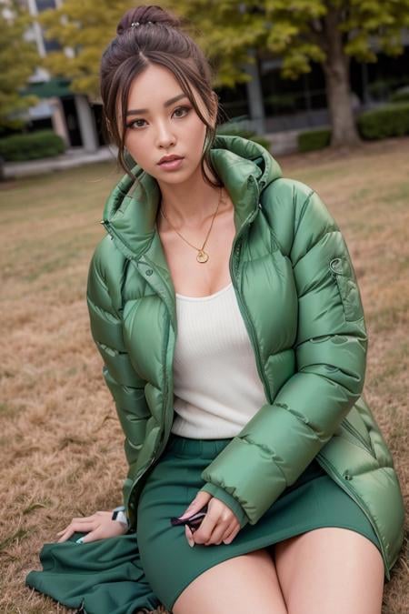 a woman, (wearing green oversized_puffer_jacket:1.3), Lie down on the grass, Overhead camera, sharp focus, handsome,plump legs, skinny,professional lighting,city, eyelines,gold necklace,rendered eyes,tall body,adult woman,hair ornament,instagram most viewed,official wallpaper, official art,(kpop idol), mini skirt, half-closed eyes,building,((photorealistic painting art by midjourney and greg rutkowski)),((supermodel)), <lora:oversized_puffer_jacket-10:0.5>