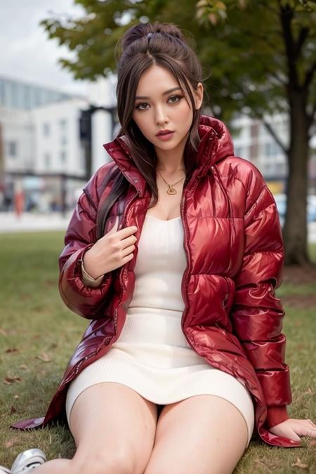 a woman, (wearing red oversized_puffer_jacket:1.3), Lie down on the grass, Overhead camera, sharp focus, handsome,plump legs, skinny,professional lighting,city, eyelines,gold necklace,rendered eyes,tall body,adult woman,hair ornament,instagram most viewed,official wallpaper, official art,(kpop idol), mini skirt, half-closed eyes,building,((photorealistic painting art by midjourney and greg rutkowski)),((supermodel)), <lora:oversized_puffer_jacket-10:0.5>