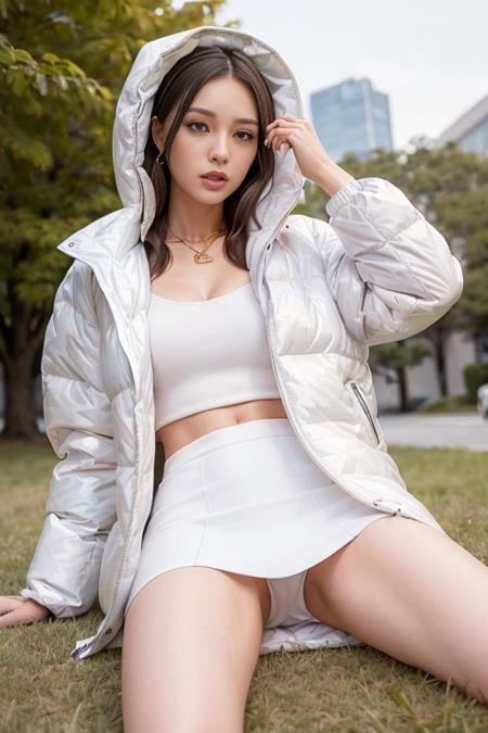 a woman, (wearing white oversized_puffer_jacket:1.3), Lie down on the grass, Overhead camera, sharp focus, handsome,plump legs, skinny,professional lighting,city, eyelines,gold necklace,rendered eyes,tall body,adult woman,hair ornament,instagram most viewed,official wallpaper, official art,(kpop idol), mini skirt, half-closed eyes,building,((photorealistic painting art by midjourney and greg rutkowski)),((supermodel)), <lora:oversized_puffer_jacket-10:0.5>