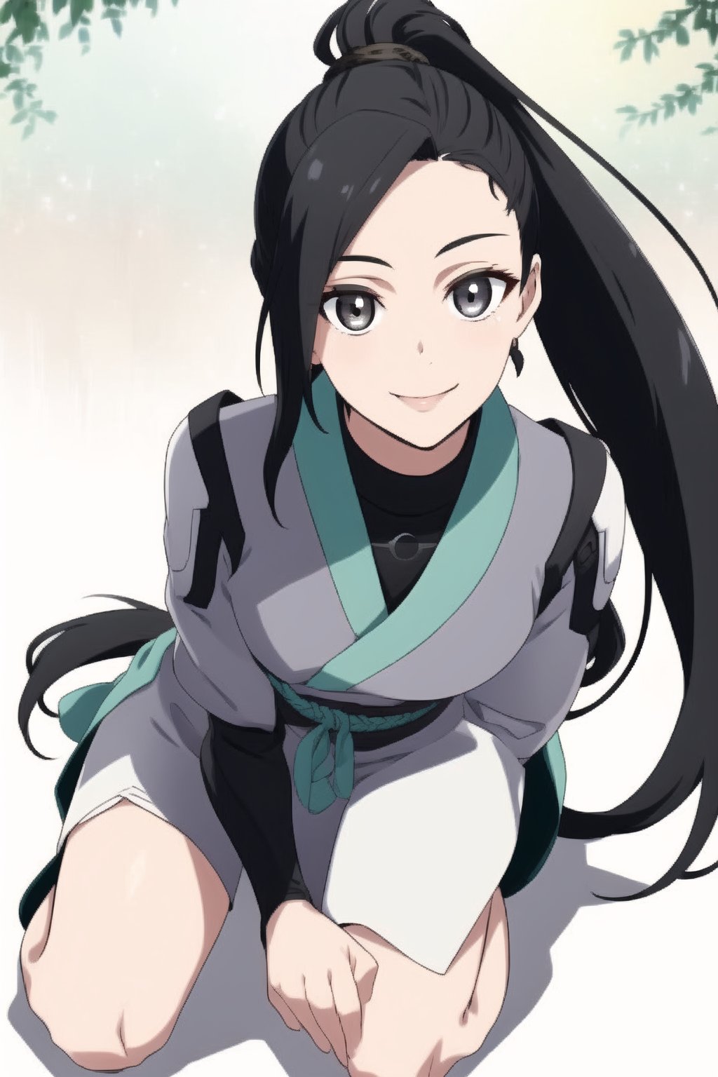 beautiful, masterpiece, best quality, extremely detailed face, masterpiece, 1girl, solo female, looking at viewer, descensored, 1woman, best quality, ultra-detailed, long hair, wole body, full body, black hair, black ayes, ponytail, long hair, smile,sagevalorant, tunica, japanese_clothes,