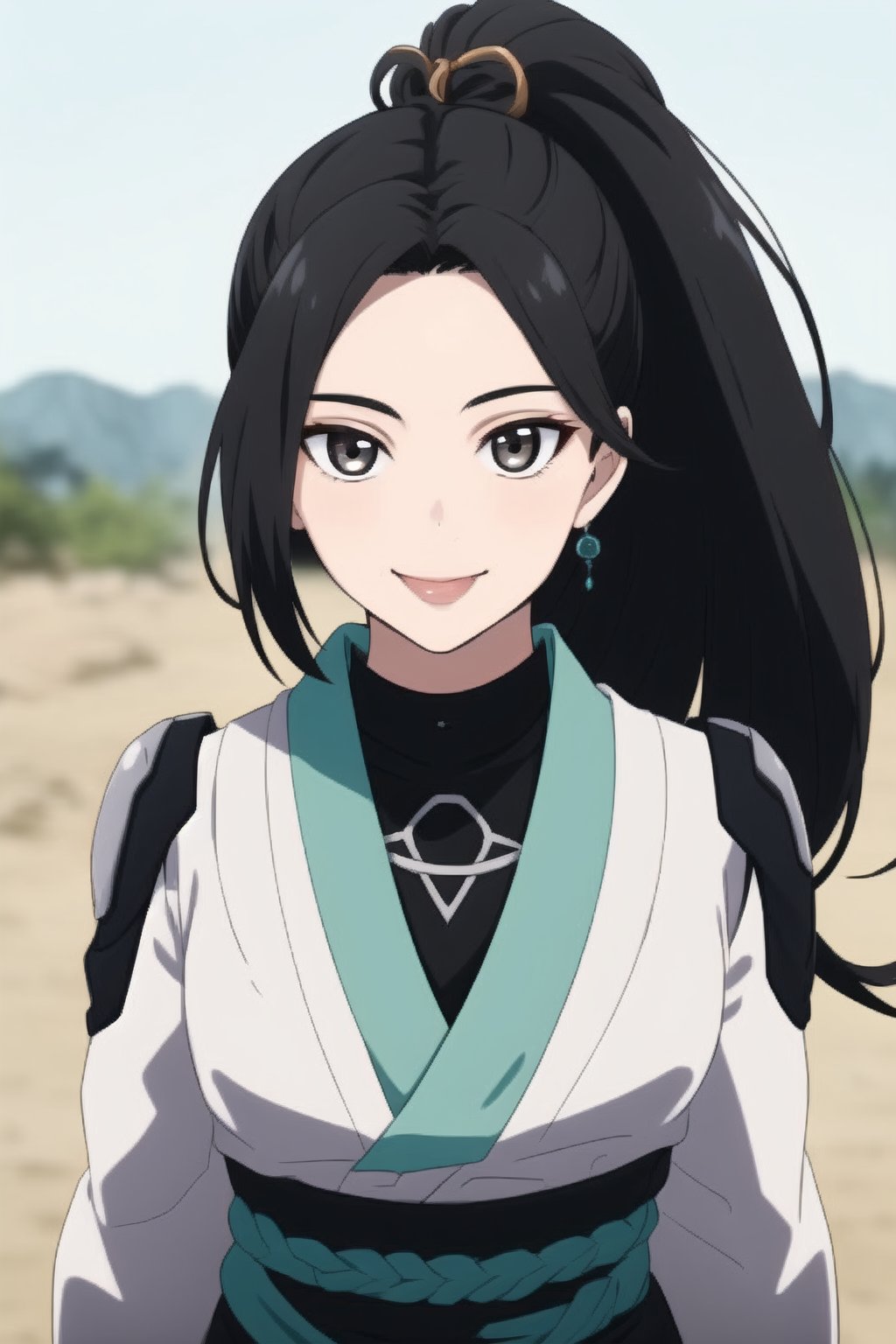 beautiful, masterpiece, best quality, extremely detailed face, masterpiece, 1girl, solo female, looking at viewer, descensored, 1woman, best quality, ultra-detailed, long hair, wole body, full body, black hair, black ayes, ponytail, long hair, smile,sagevalorant, tunica, japanese_clothes,