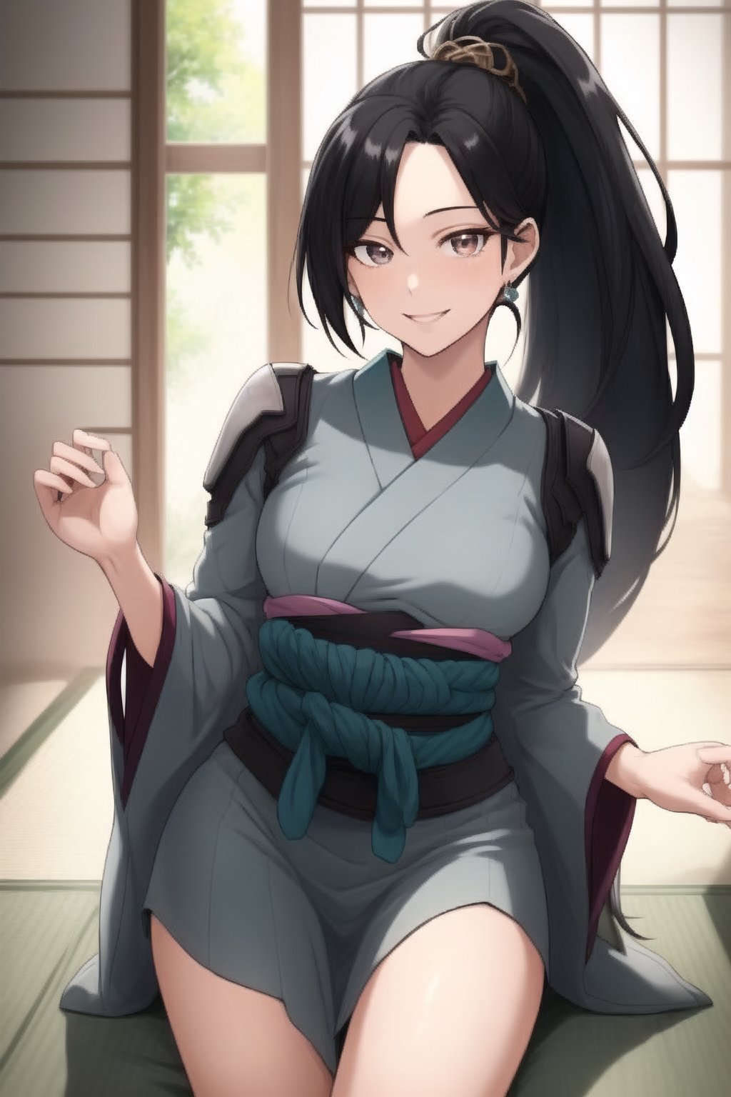 beautiful, masterpiece, best quality, extremely detailed face, masterpiece, 1girl, solo female, looking at viewer, descensored, 1woman, best quality, ultra-detailed, long hair, wole body, full body, black hair, black ayes, ponytail, long hair, smile,sagevalorant, tunica, japanese_clothes,