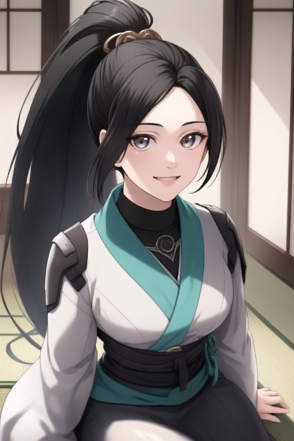 beautiful, masterpiece, best quality, extremely detailed face, masterpiece, 1girl, solo female, looking at viewer, descensored, 1woman, best quality, ultra-detailed, long hair, wole body, full body, black hair, black ayes, ponytail, long hair, smile,sagevalorant, tunica, japanese_clothes,